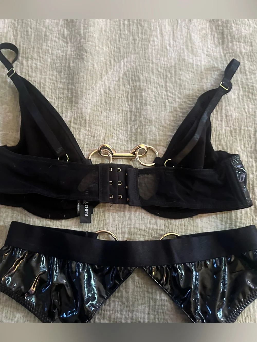 LA CHERI Paris Black and Gold bra with matching panty and garter Sz Med - Picture 8 of 10